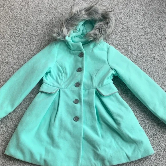 NWOT Cat & Jack Mint Green Pea Coat with Faux Fur Hood - Picture 1 of 4